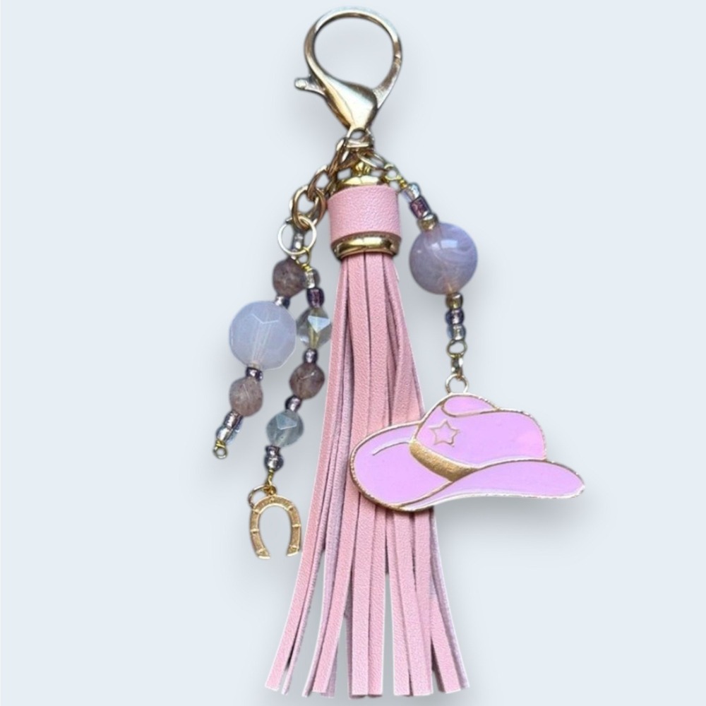 Pink Cowboy‎ Hat Tassel Bag Charm Western Horseshoe Beaded Keychain